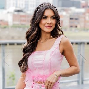 NWT MAIN STRIP PINK DENIM FUR TRIM CROPPED BLOUSE SIZE: S